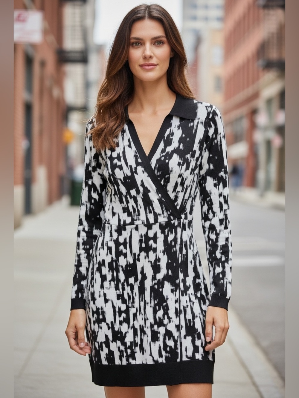 Nicole by Nicole Miller NWT Black & White Abstract Knit Faux-Wrap Dress, Size XL